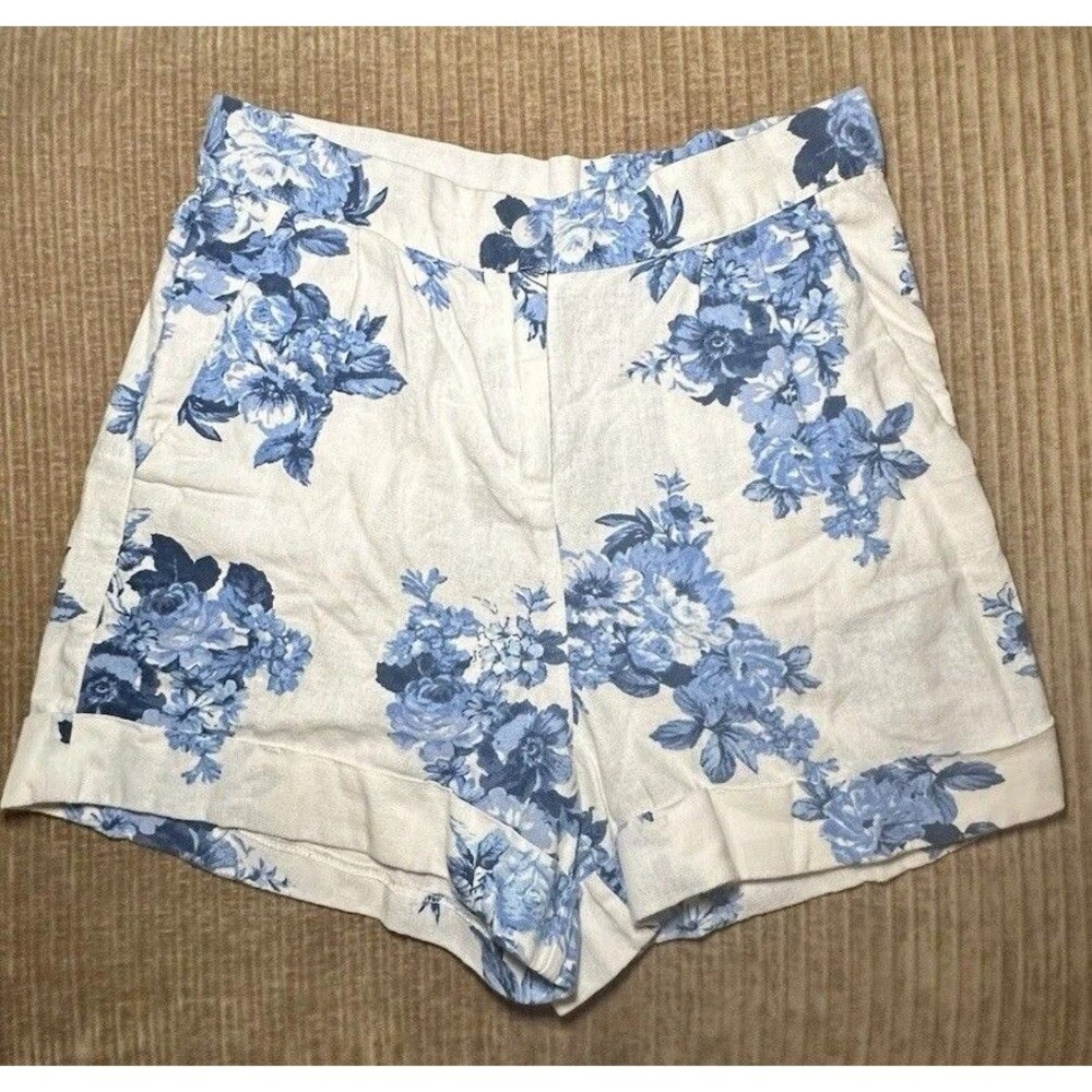 Alya Linen Pleated White Blue Floral Rose Shorts Sz 26 Cottagecore Coastal